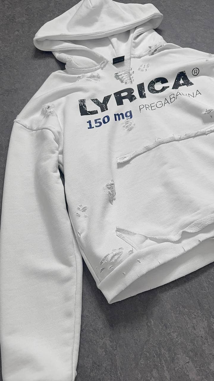 Lyrica 150mg Hard Distressed Hoodie — White — view 6