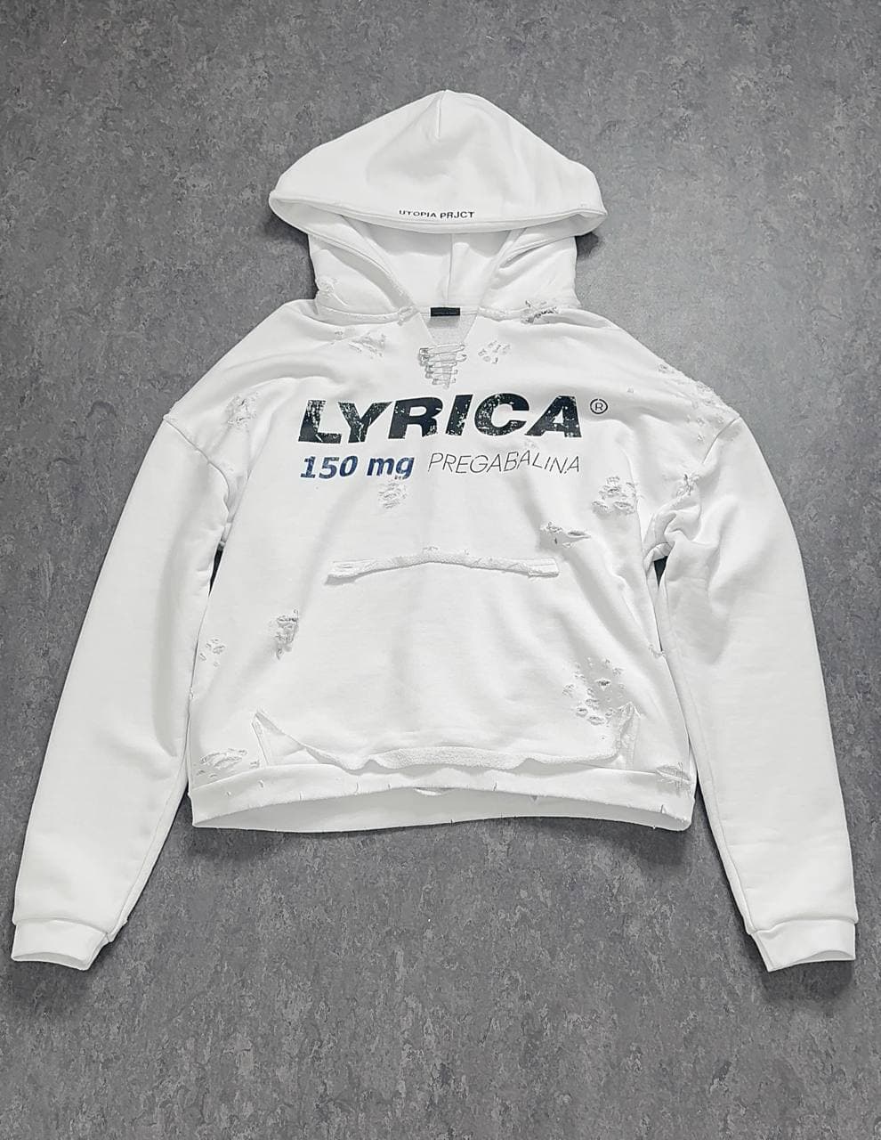 Lyrica 150mg Hard Distressed Hoodie — White — view 3